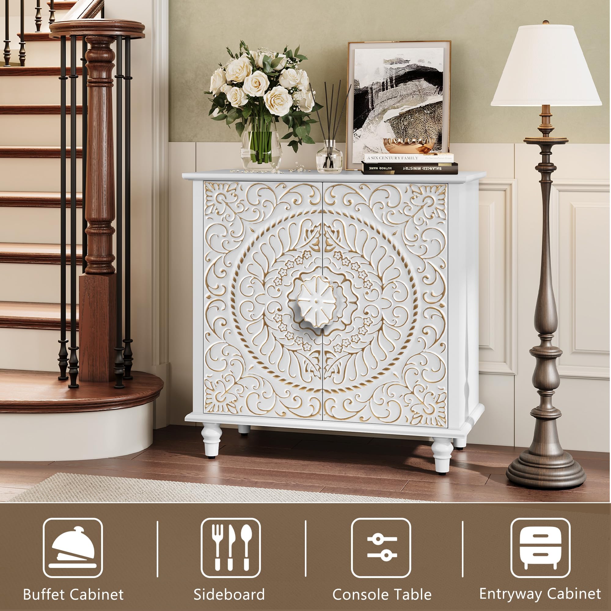 Accent Cabinet with 2 Doors, Decorative Storage Cabinet with Carved Flower Pattern