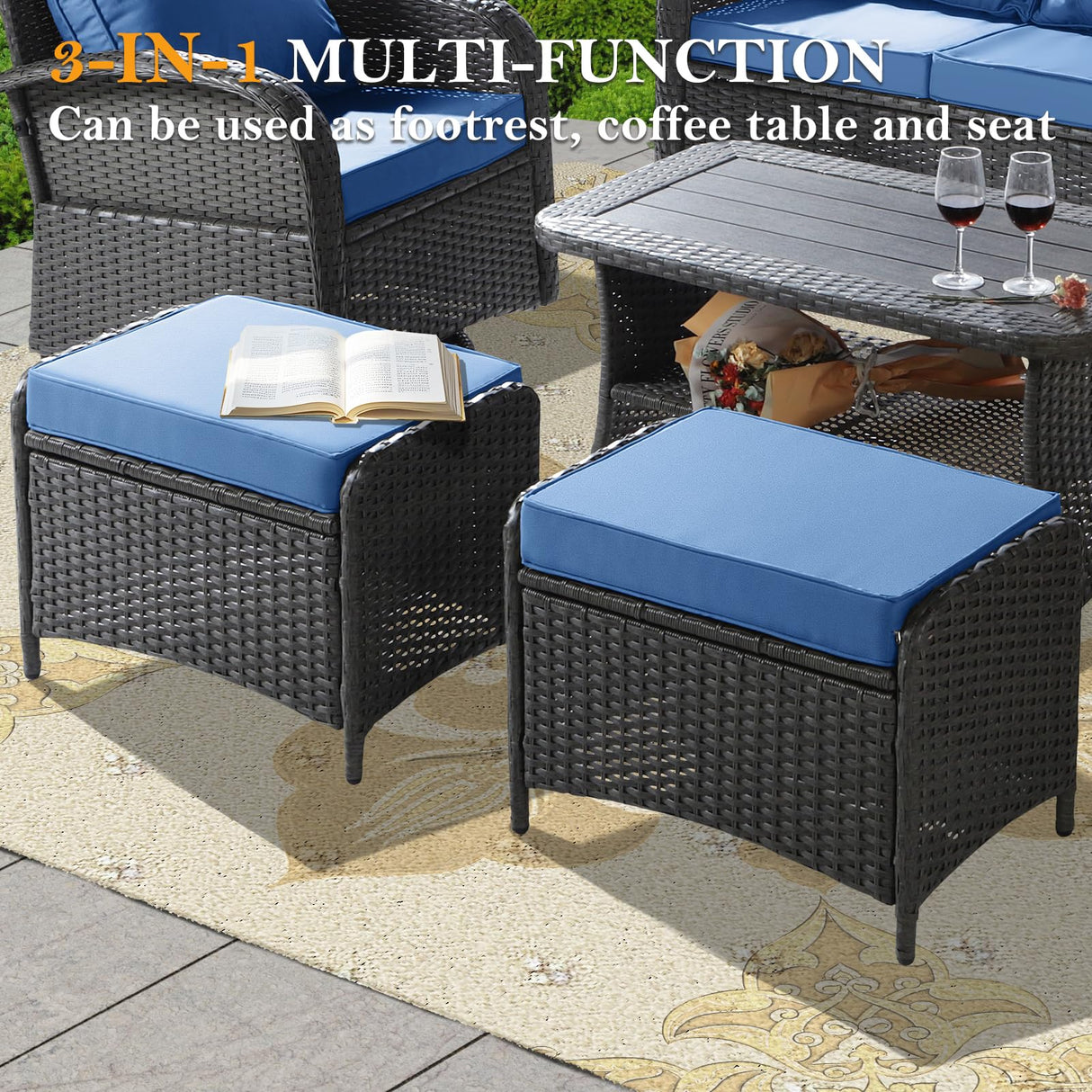 6 Pieces Patio Furniture Set with Swivel Chairs, All Weather Outdoor Rattan Conversation
