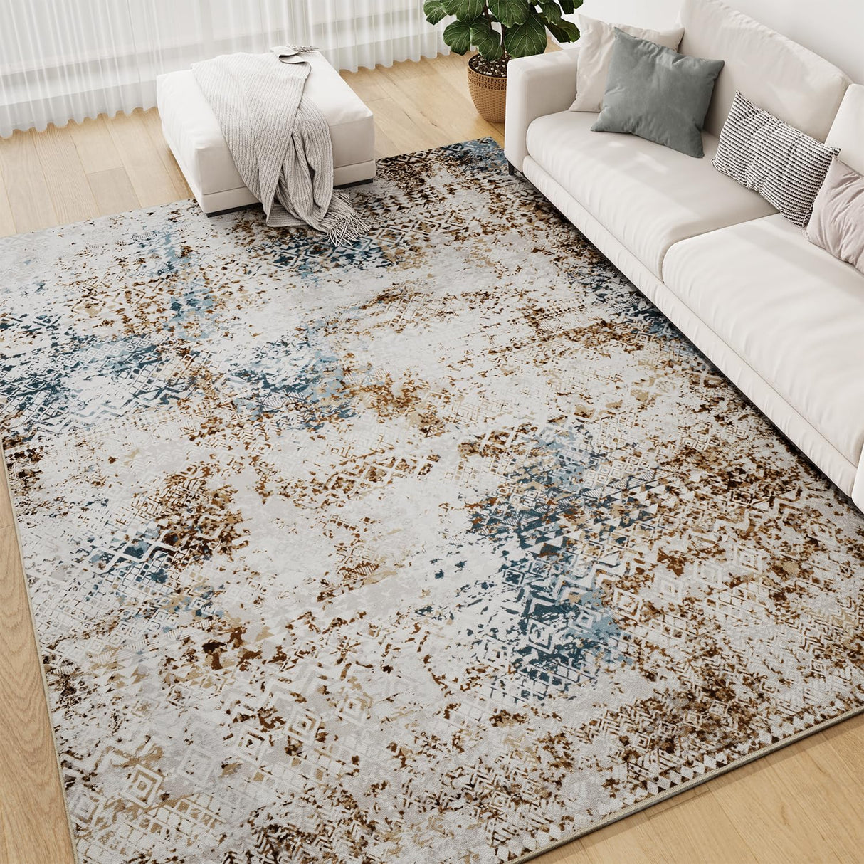 Boho Rug for Living Room 8x10 Rug-Carpet for Living Room Bedroom Washable Area Rug Dining Room Nursery Office Rug Soft Non Slip Water Repellent Abstract Modern Rug Brown Steel Blue