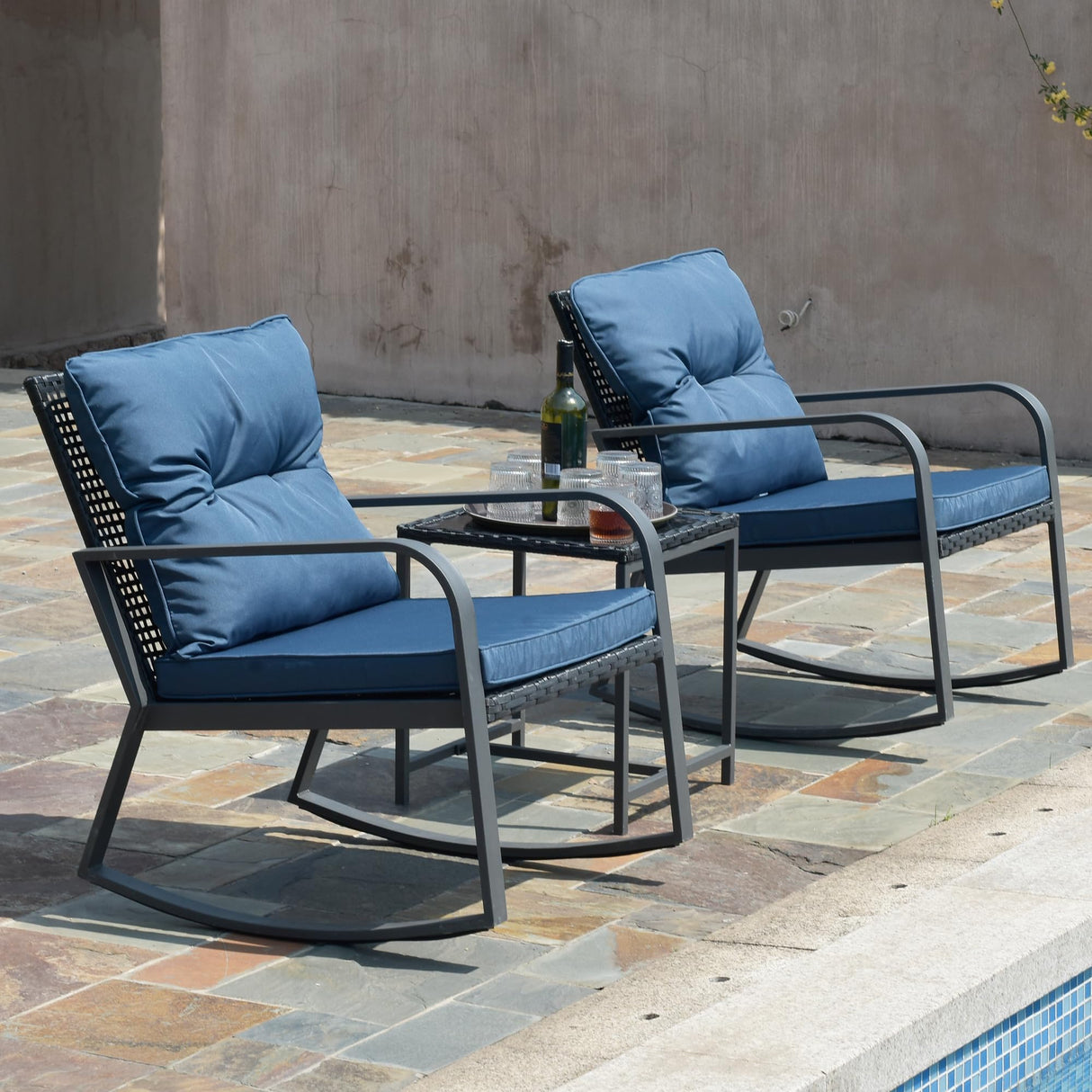 Patio Rocking Chair Outdoor Bistro Set (Dark Blue, 3PIECES)