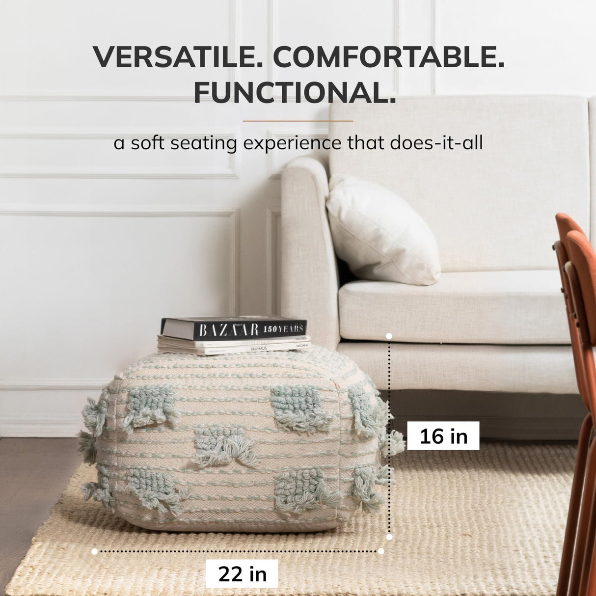 Anji Mountain 100% Handmade & Handcrafted Comfortable Home Décor Pouf Ottoman Footrest for Living Room, Bedroom, Nursery, Kidsroom, Patio Furniture - (22" x 22" x 16"- Green,Beige)