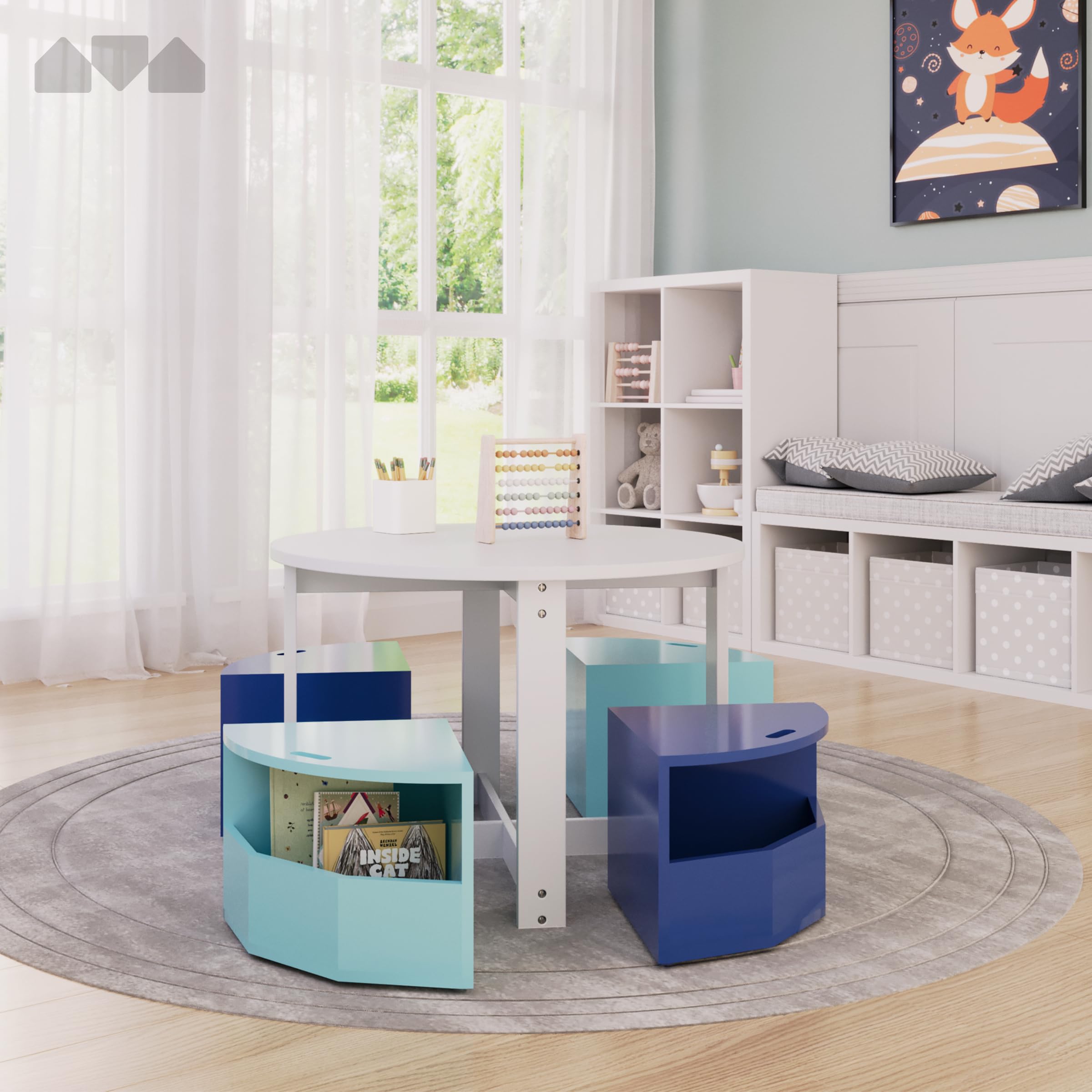 Toddler Table and Chair Set – Round Kids Activity Table with 4 Storage Stools, Nesting Design for Toddlers