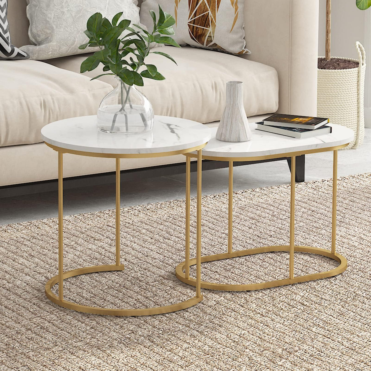 Golden Marble Pattern Nesting Tables - Set of 2 Stacking Side Tables for Living Room