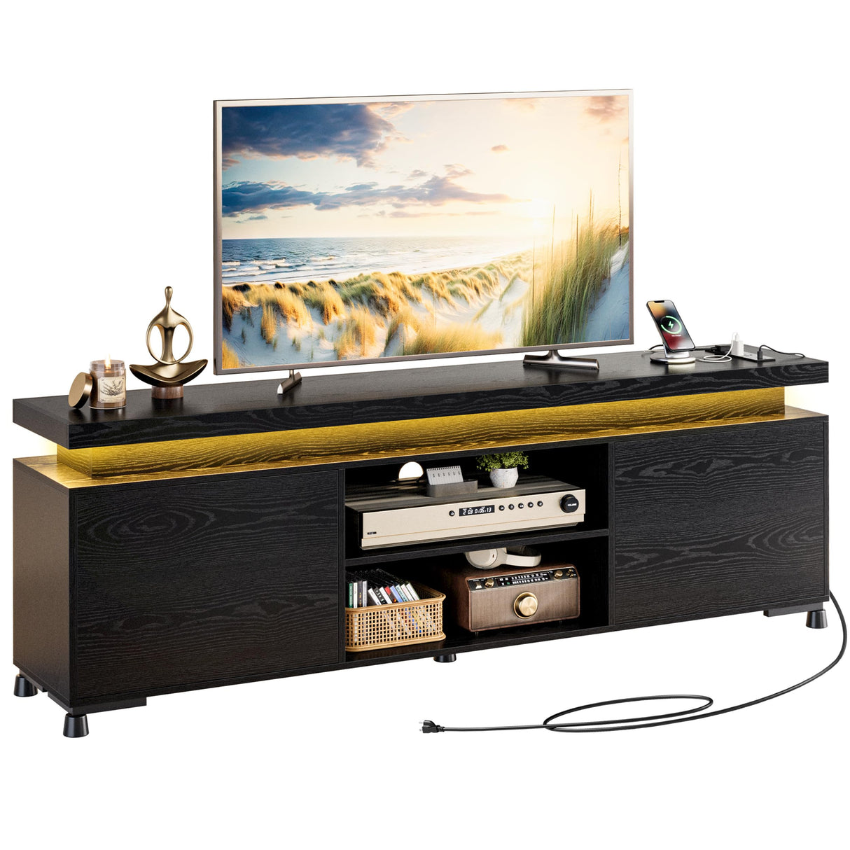 75 Inch TV Stand with LED Lights and Power Outlets