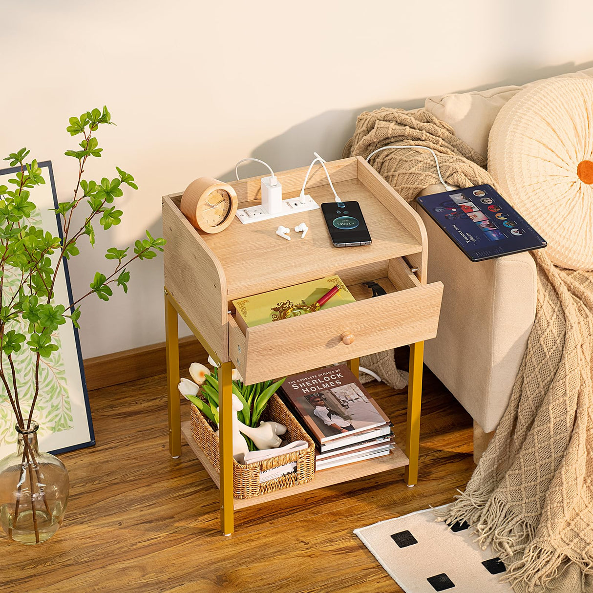 Nightstand with Charging Station and USB Ports, Natural Night Stand