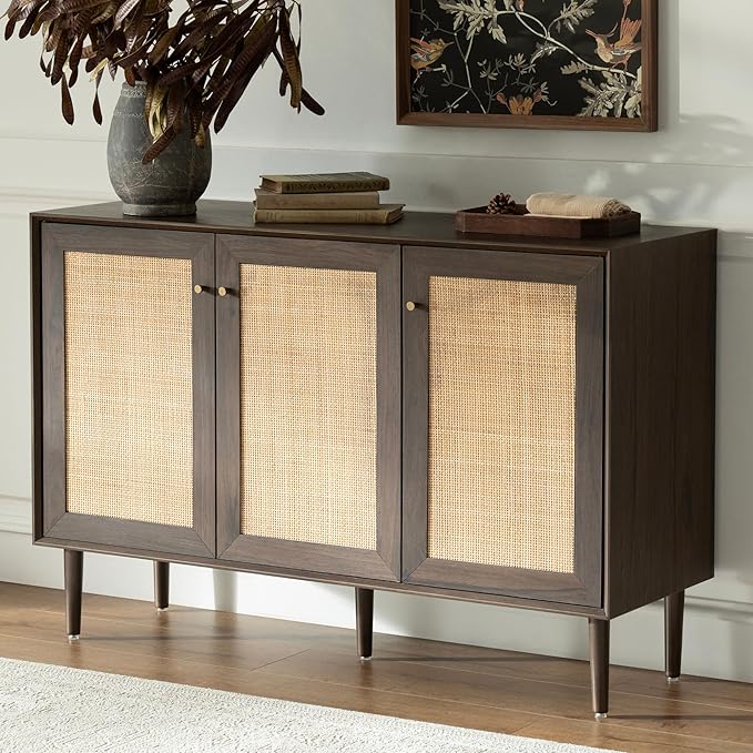 Boho Rattan Storage Cabinet - 3 Door Sideboard Buffet with Adjustable Shelves