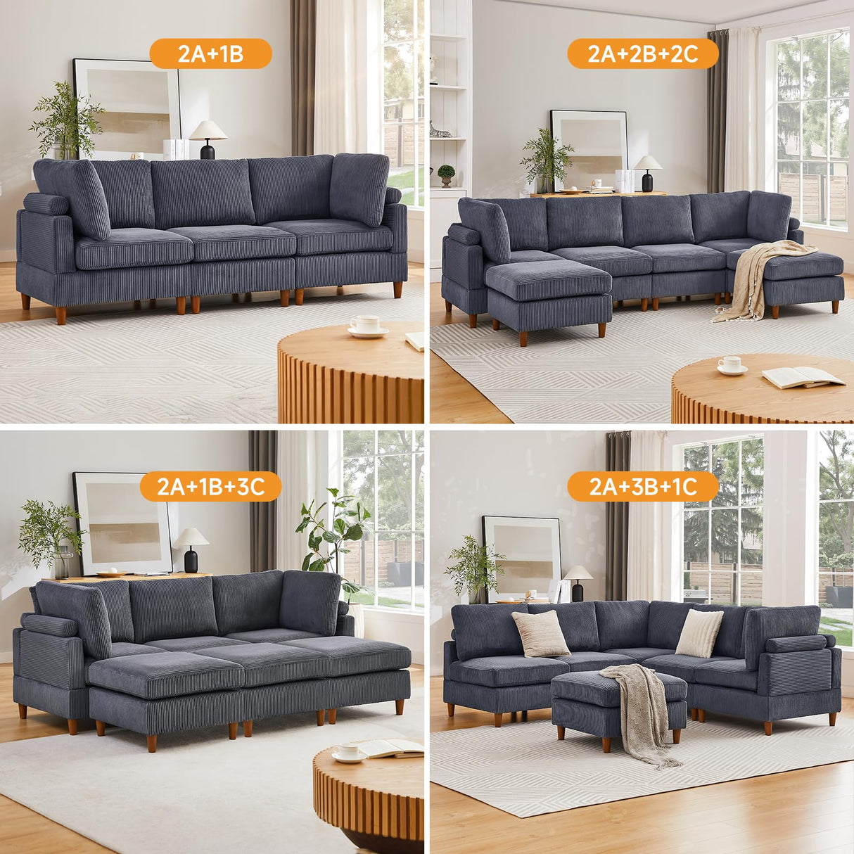 90 Inch Modular Couch, 3 Seater Corduroy Couch, Modern Convertible Sofa, Loose Back,