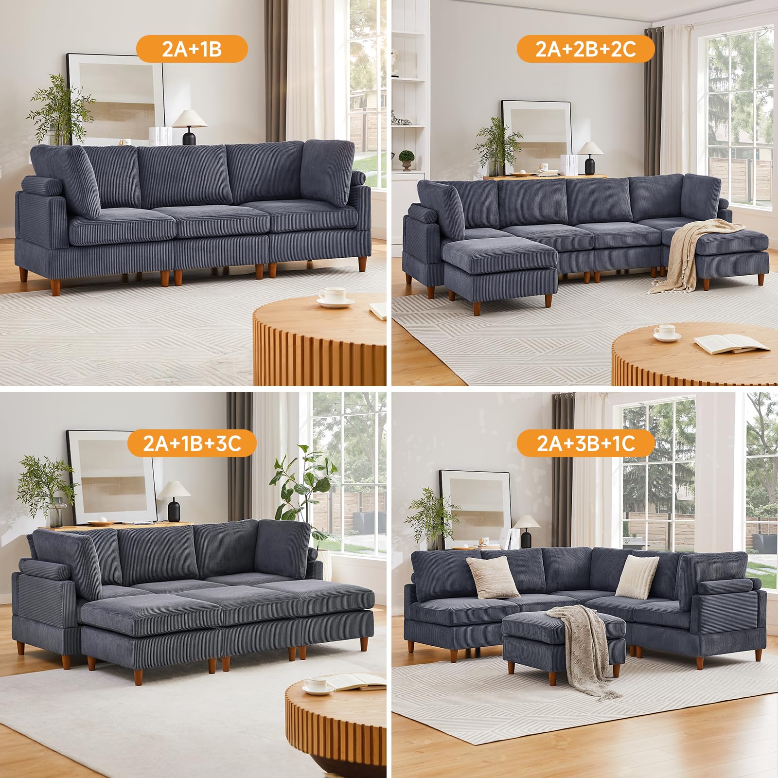 90 Inch Modular Couch, 3 Seater Corduroy Couch, Modern Convertible Sofa, Loose Back,