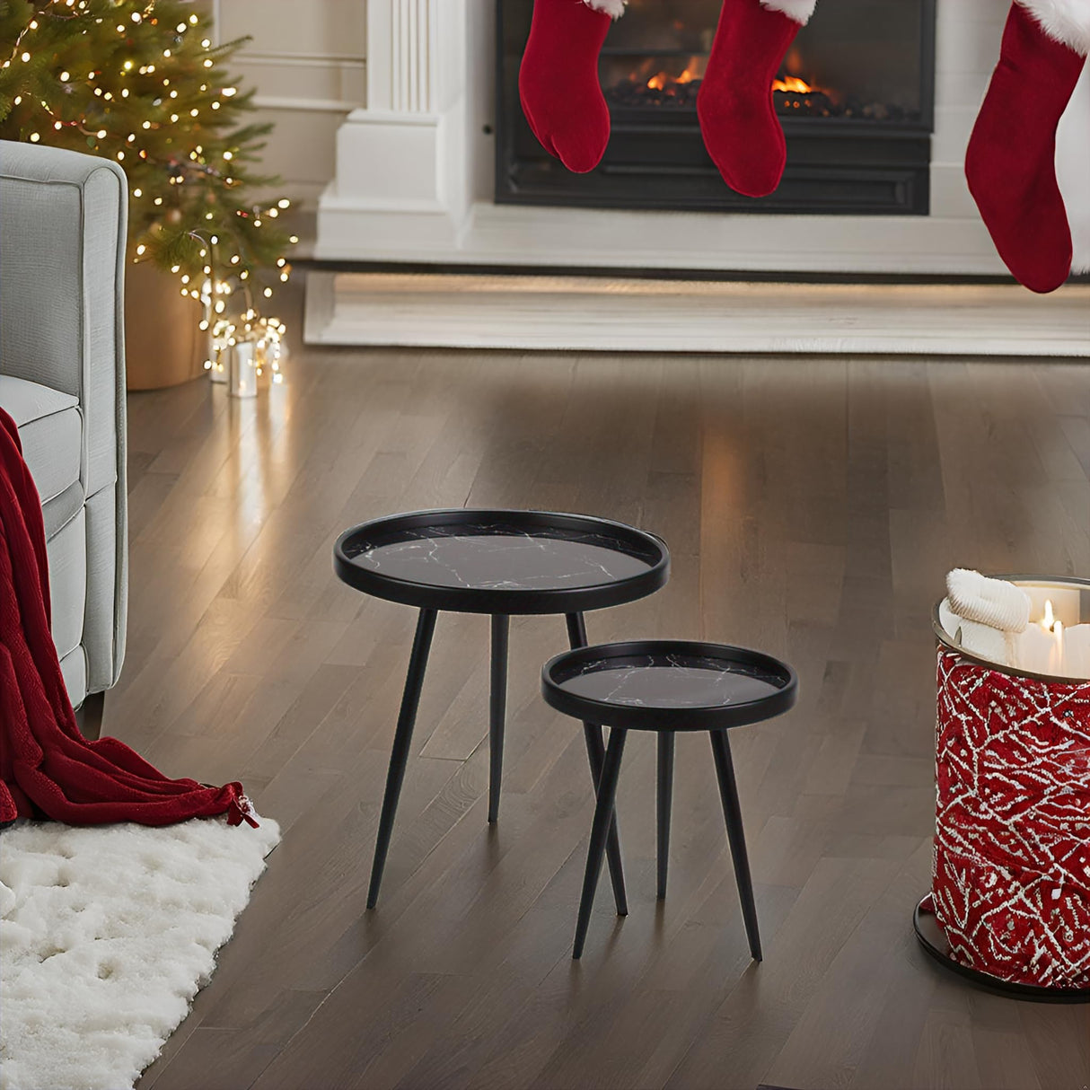 Round Side Table Set of 2,Black Marble Pattern Tray Shaped Small End Table