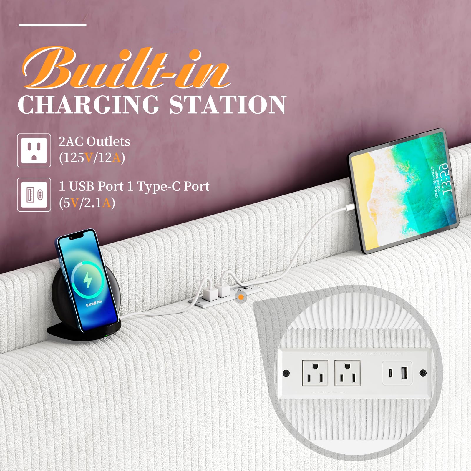 Jocisland Full Size Bed Frame Upholstered Corduroy Bed with Modern Wingback Storage Headboard and Charging Station, No Box Spring Needed, White