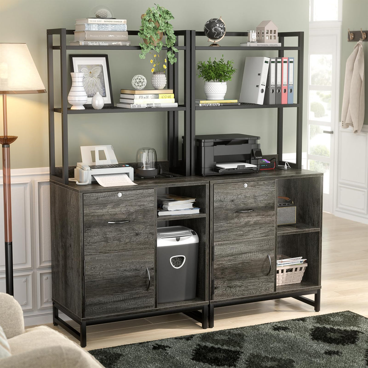 Filing Cabinet with Lock & Charging Station, Large Drawer Wood File Cabinet with Bookshelf, Printer