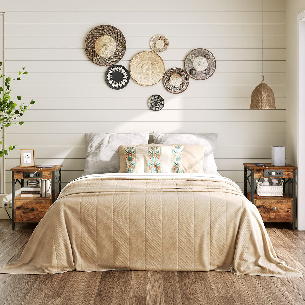 Nightstand Set of 1/2 with Charging Station, End Table Set