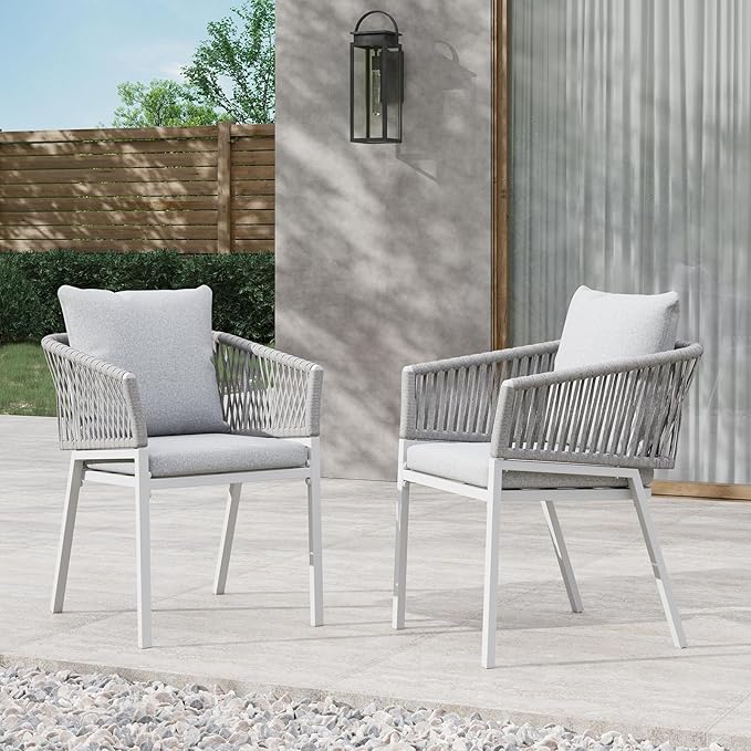 Patio Dining Chairs Set of 2, Outdoor Aluminum Dining Chairs with Woven Rope