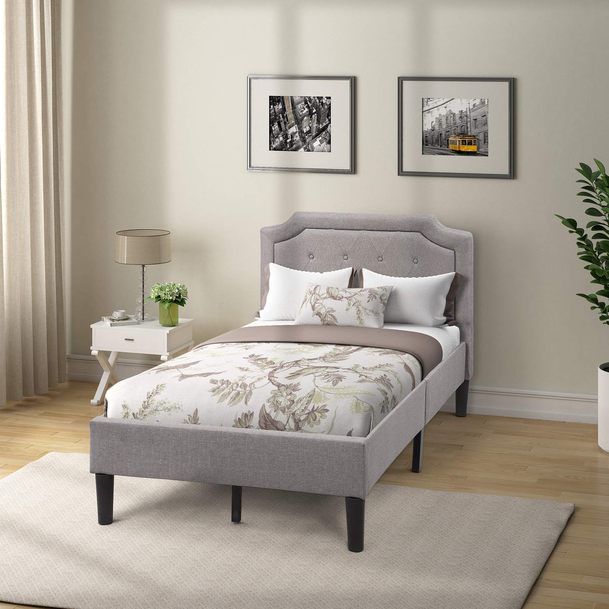 Bed Frame Upholstered Scalloped Linen Platform Bed Twin Beds Mattress Foundation