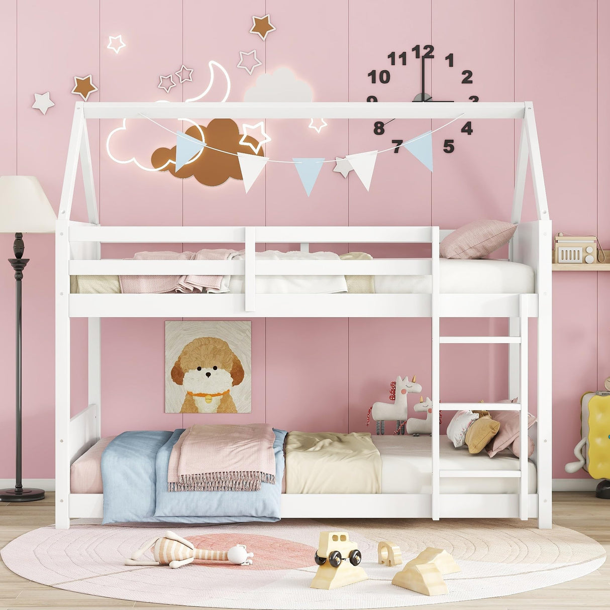 Twin Over Twin House Floor Bunk Bed, Wooden Bunk Bed with Headboards, Footboards, Guardrails and Ladder, Space-Saving Design, Safety Guaranteed, White