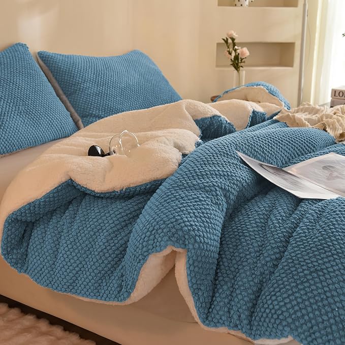 3D Jacquard Design Comforter Set, Ultra-Soft Warm Queen Size Sherpa Fur Plush 3-Pieces Sets