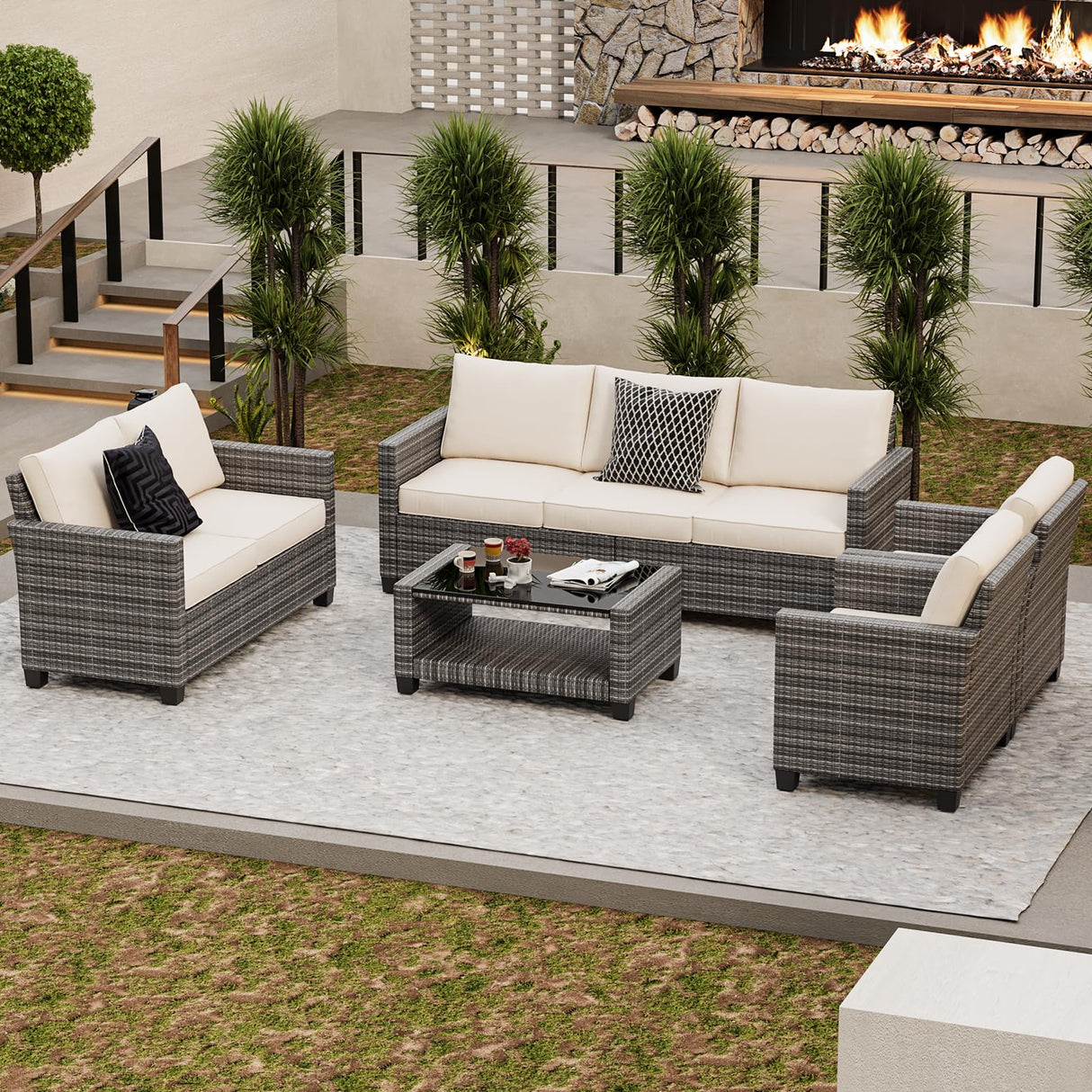 Patio Furniture Set 5 Pieces, Outdoor Seating Furniture with 7 Seat and Glass Coffee Table