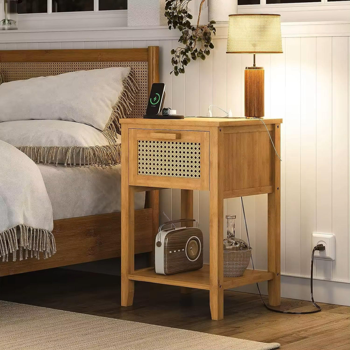 Nightstands Set of 2 with Charging Staion, Rattan Decor Drawer Night Stand Wood