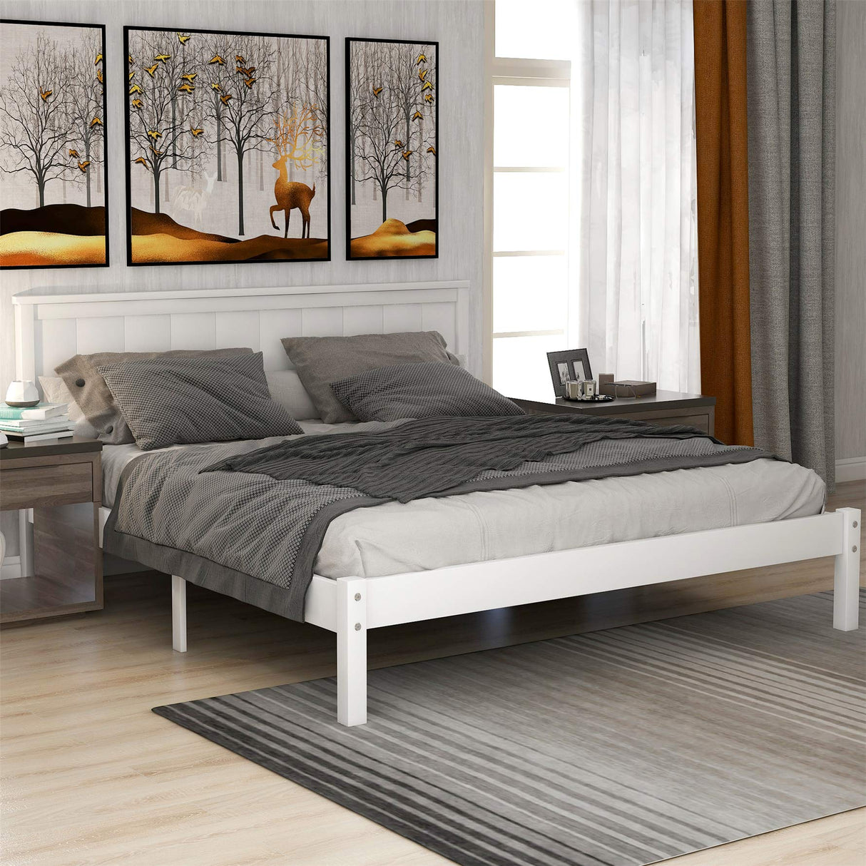 Queen Bed Frame with Headboard, Wood Queen Size Platform Frame