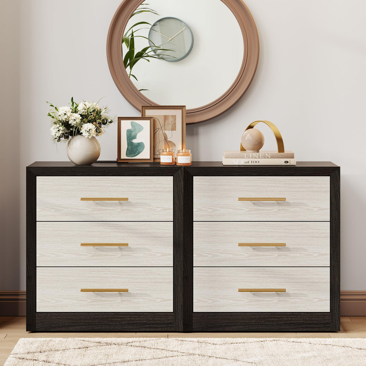 Wide Large Nightstands Set of 2, Black Night Stand