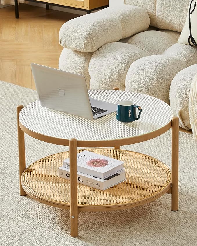 19.6" Boho Rattan Coffee Table, Round Glass Metal End Table
