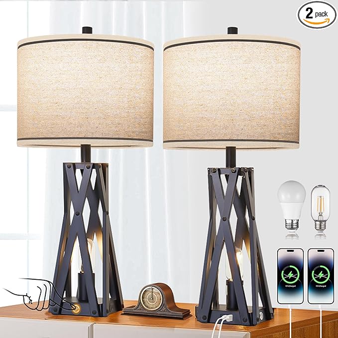 27.5" Touch Control Farmhouse Table Lamps Set of 2 with USB C+A & AC Outlet,