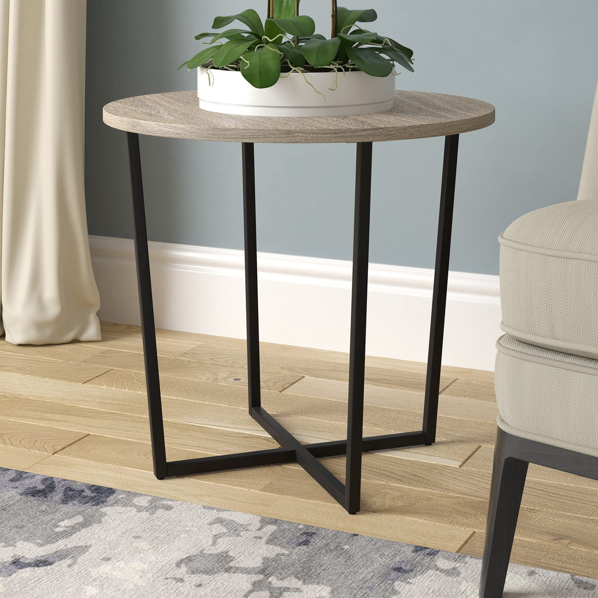 Side Table, 22" Wide, Blackened Bronze/Antiqued Gray Oak