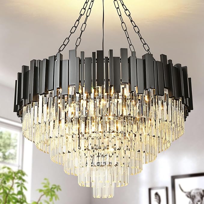 Crystal Chandelier Black Pendant Light Fixtures, Round Crystal Pendant Lighting for Living