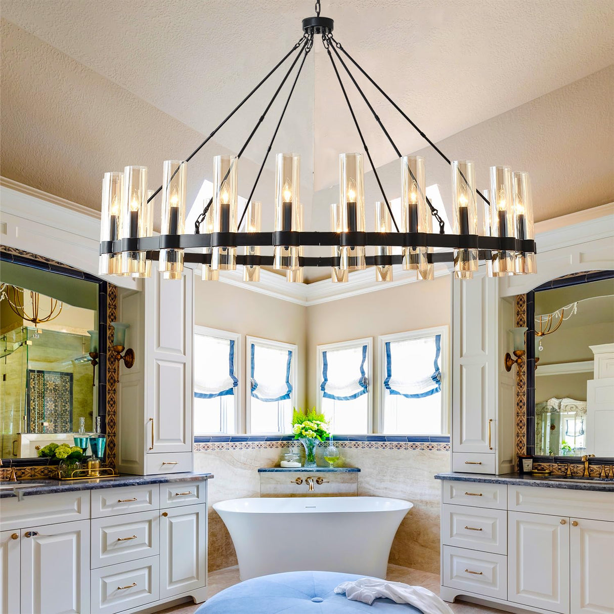 60 Inch Black Wagon Wheel Chandelier, 24 Lights, with Brown Glass Shade