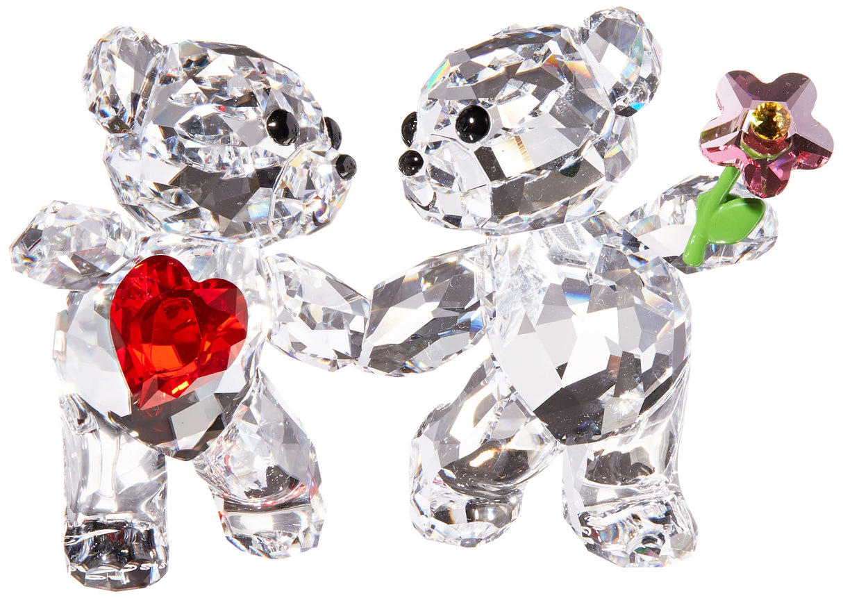 Kris Bears Happy Together Figurine Set, Clear Swarovski Crystal with a Red Heart and Pink Flower Accent