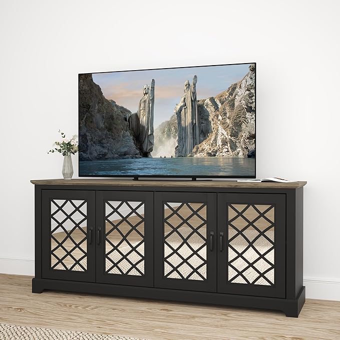Farmhouse TV Stand for Television Up to 75 Inches, 4 Mirror Doors Entertainment Center