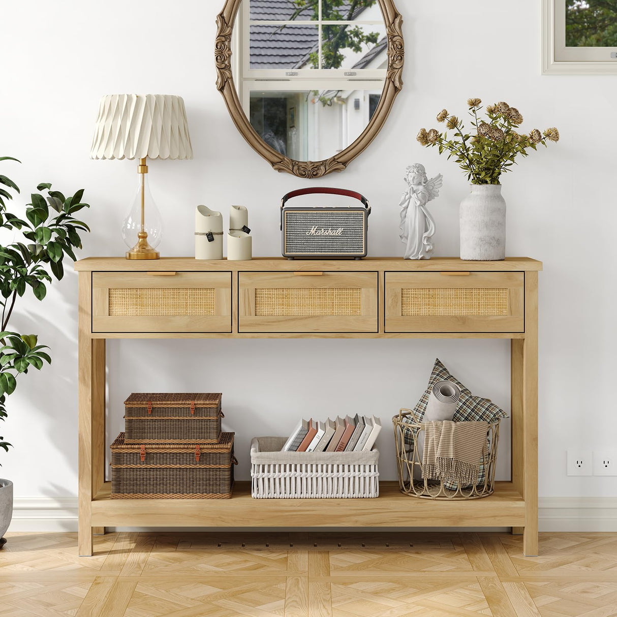 Rattan Console Table Boho Entryway Table Narrow Long Sofa Table Hallway Foyer Table Behind Couch Table with 3 Drawers and Open Storage Shelf for Living Room and Corridor Natural Wood
