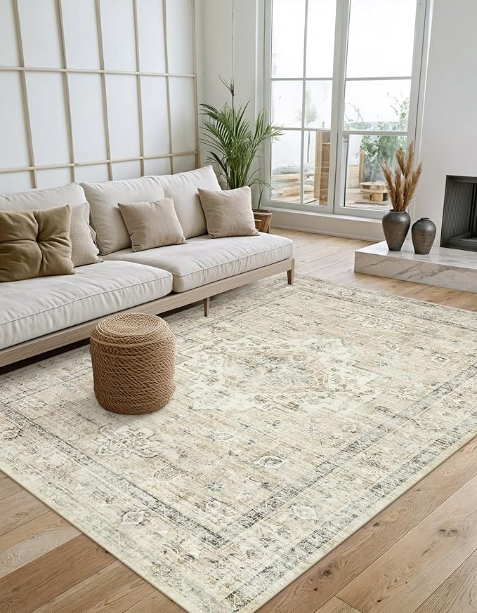 Machine Washable Rug 5x7 Sage Green Rugs for Living Room, Non Slip Vinatge Rug Boho