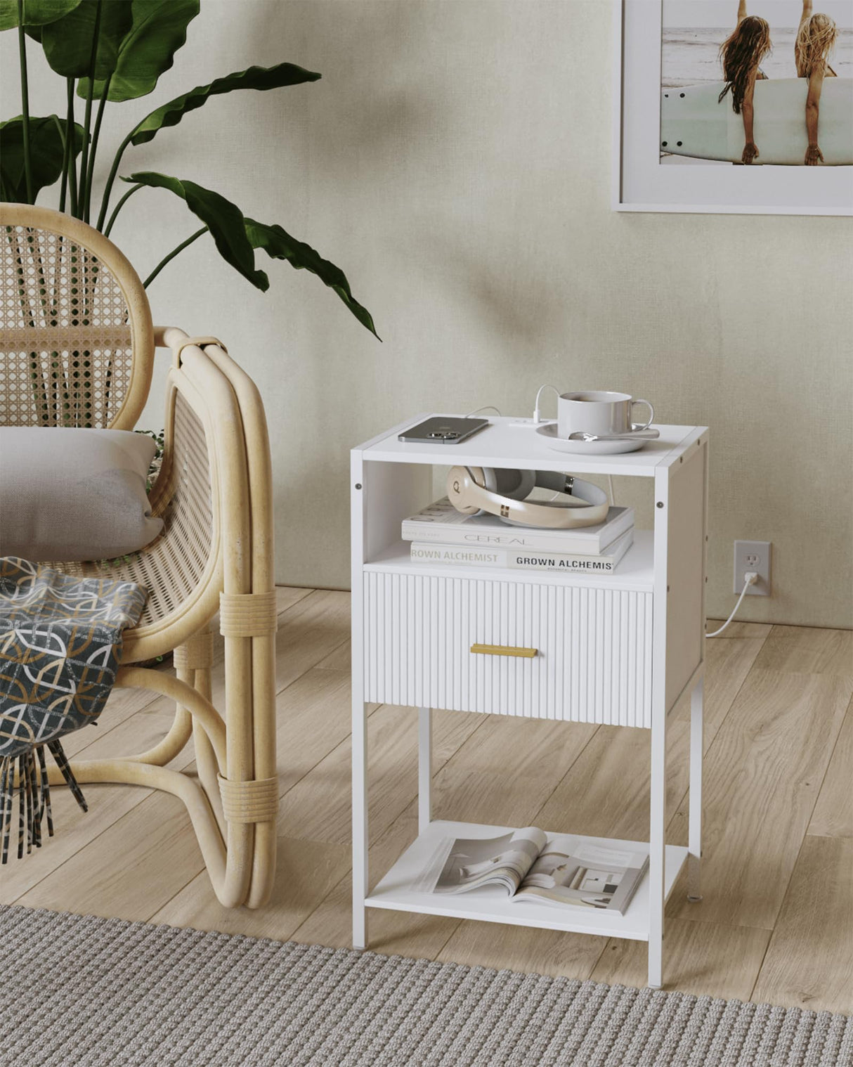 Modern Nightstand with Charging Station, White Side Table with Drawer