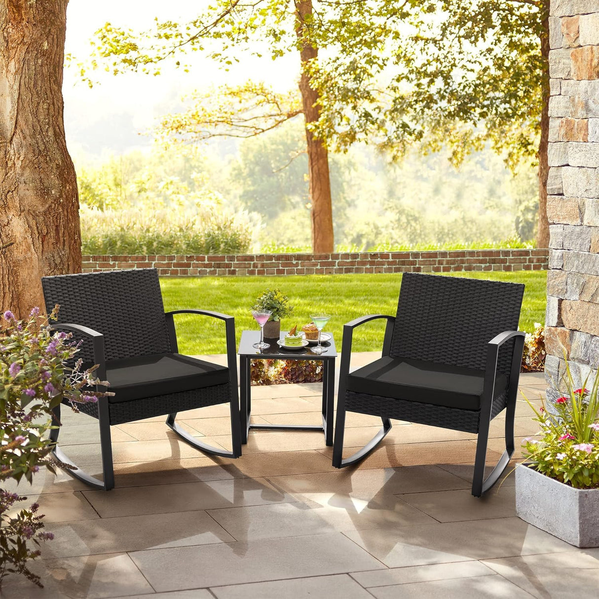 Patio Furniture Set 3 Piece Resin Outdoor Bistro Set Rocking Patio Chairs with Cushions
