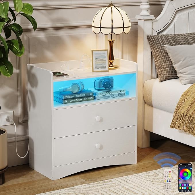 Nightstand with Charging Station and LED Light