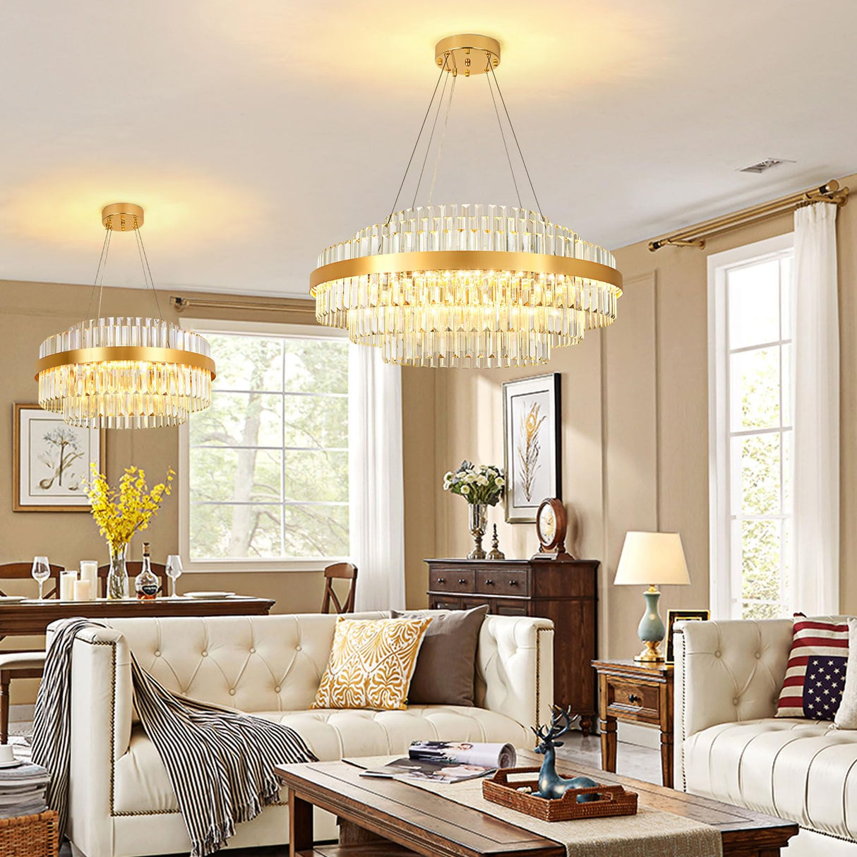 Modern Crystal Chandelier Gold, LED 3-Color Change Pendant Lights Fixture