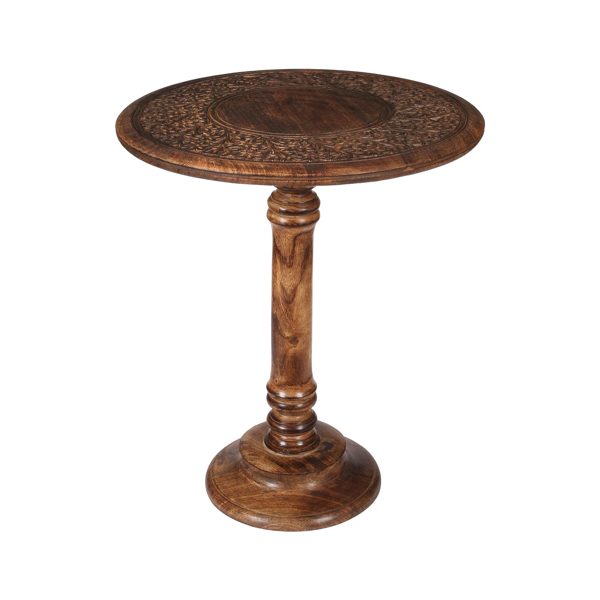 Hand-Carved Wooden Pillar Table - Small Side End Table, Elegant Entry & Living Room
