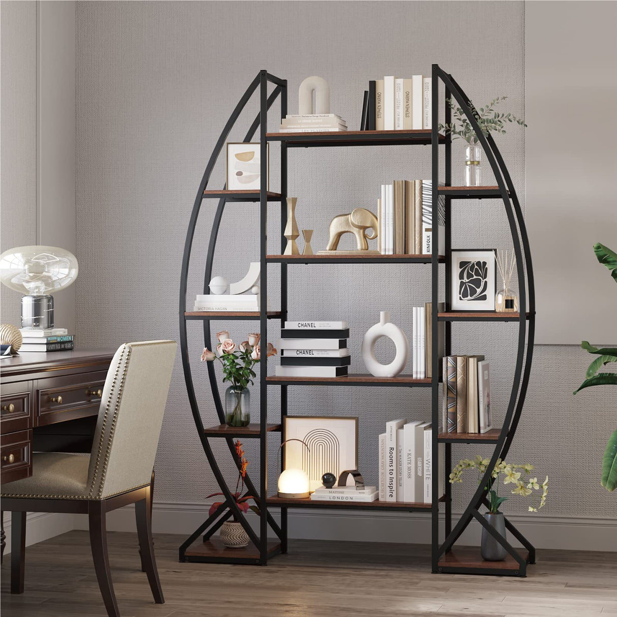 Large Oval Bookshelf – 70” Tall, 5-Tier Industrial Metal & Wood Bookcase