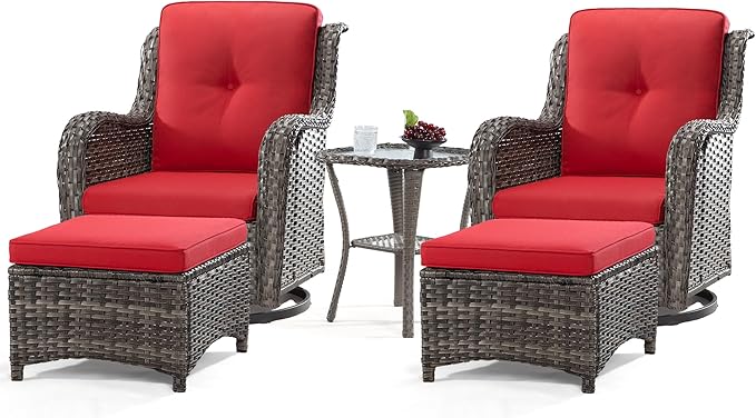 5 Piece Outdoor Patio Furniture Set Wicker Conversation Bistro Set Swivel Rocking Chairs with Side Table and Ottomans for Backyard, Porch, Deck(Mixed Grey/Orange)