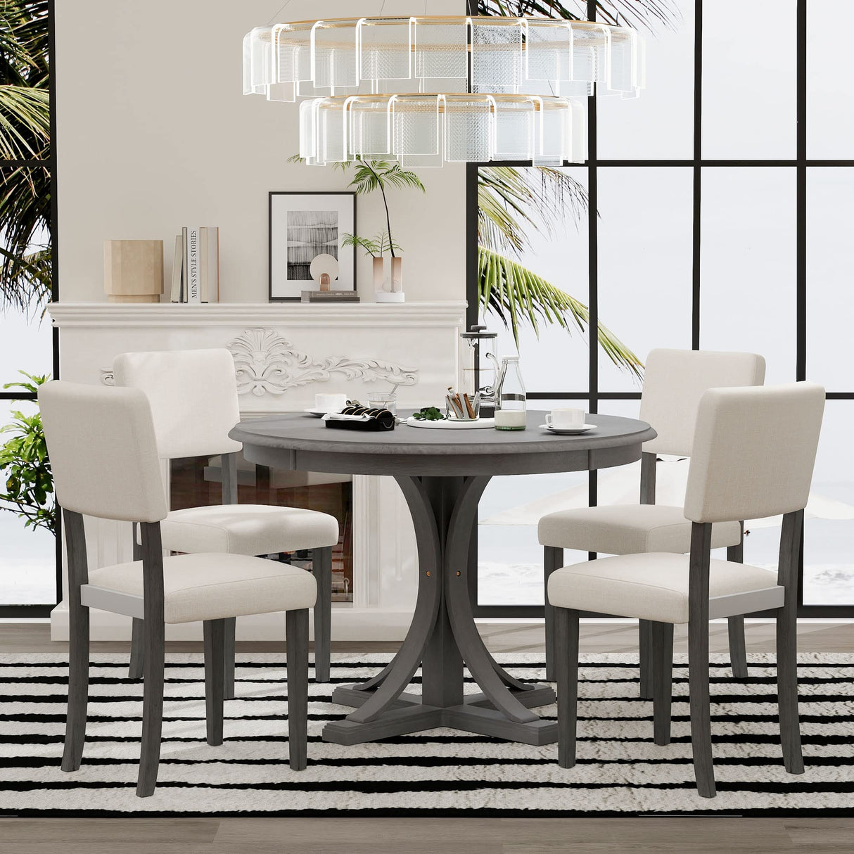 Retro Round Dining Table Set with Curved Trestle Style Legs and 4 Upholstered Chairs,