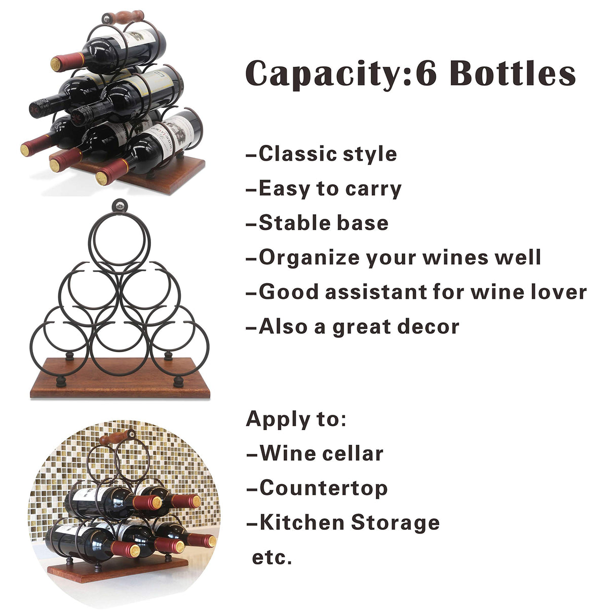 Countertop Wine Rack, Tabletop 6 Bottles Wood Wine Holder, Sturdy Handle