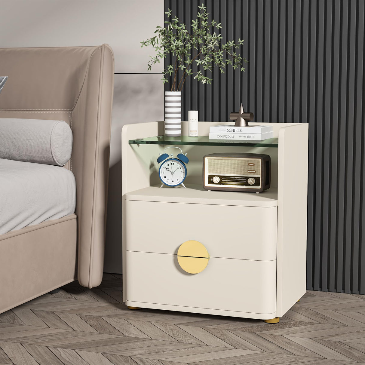 Nightstands Set of 2, Modern Night Stand with Open Tempered Glasses Storage Space,
