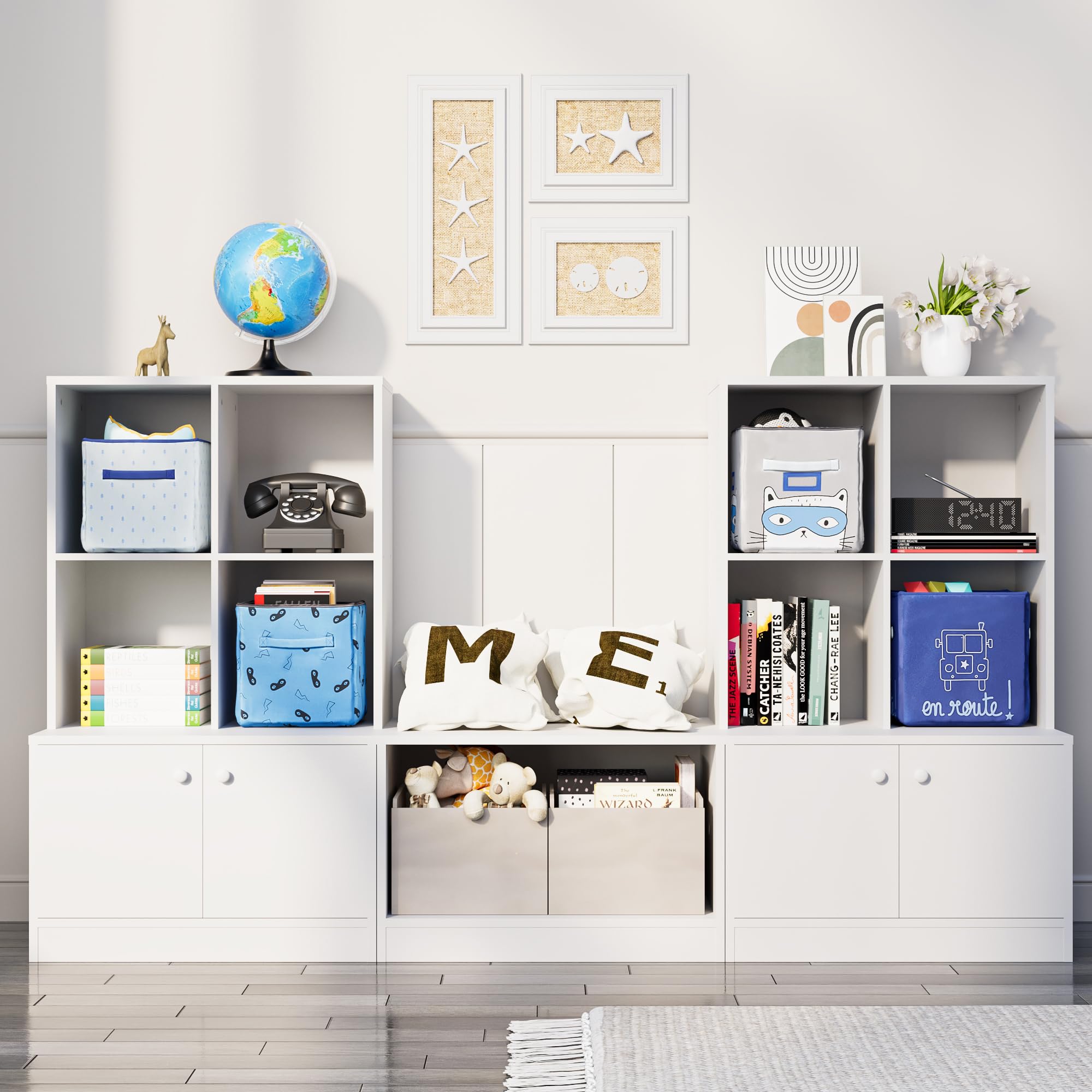 White Bookshelf, 3-Tier Bookcase with 4 Doors and 8 Cubes