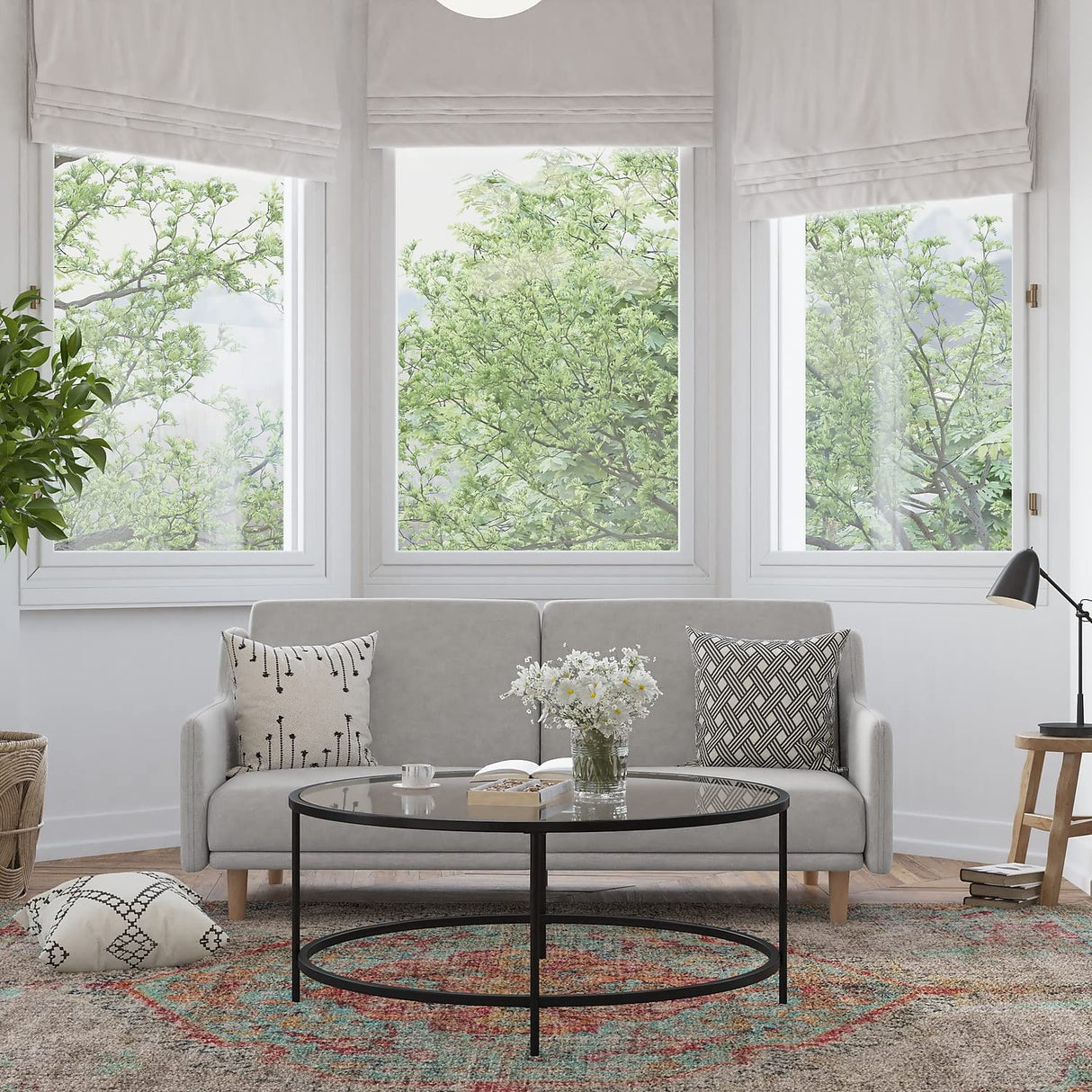 Delphine Convertible Split Back Sofa Futon - Gray Faux Linen Upholstery