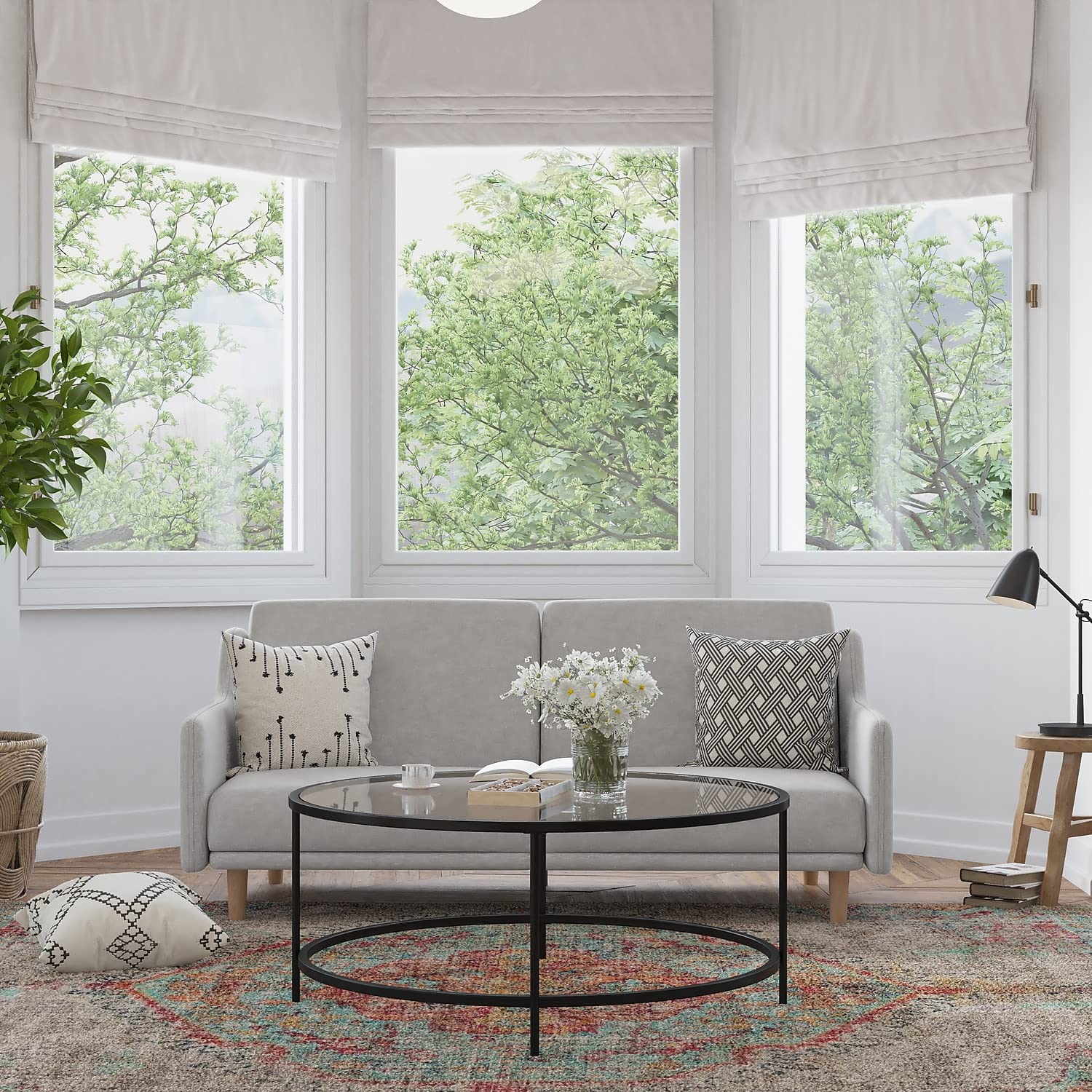 Delphine Convertible Split Back Sofa Futon - Gray Faux Linen Upholstery