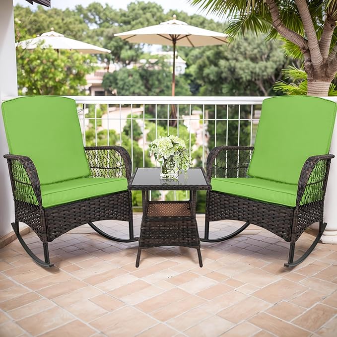 3 pcs Rocking Bistro Set Conversation Chairs PE Wicker Outdoor Chairs(Rocking Set,Khaki)