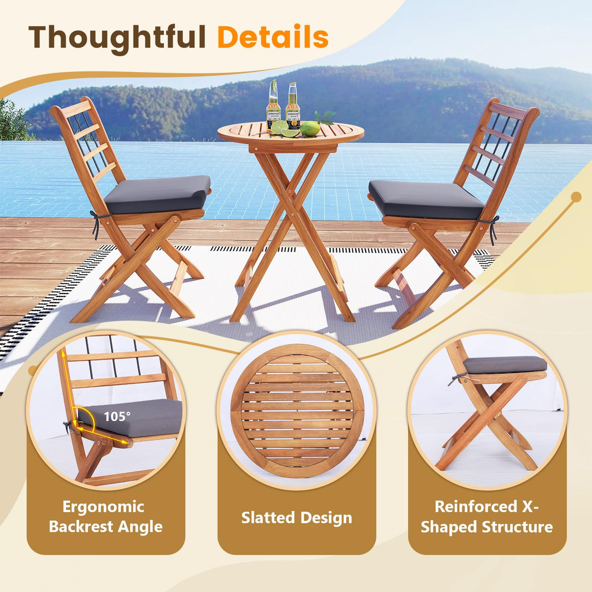 3 Piece Patio Wood Bistro Set, Folding Table Chair Set w/Soft Seat Cushions