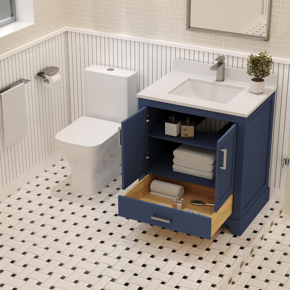 Ayna Decors Maya 30 inch Navy Blue Bathroom Vanity Set with Quartz Countertop