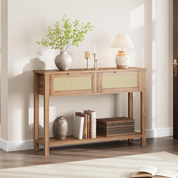 Console Table with 2 Drawers, Rattan Console Table for Entryway